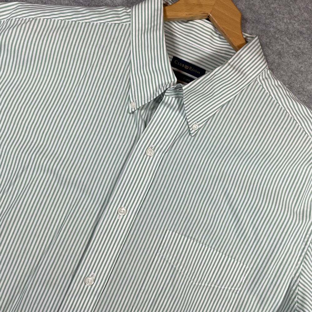 Club Room Men's XL Green and White Striped Short Sleeve Button-Down Shirt